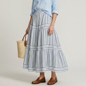 Polo Ralph Lauren 100% Linen Striped Tiered Midi Skirt Blue White Size 6